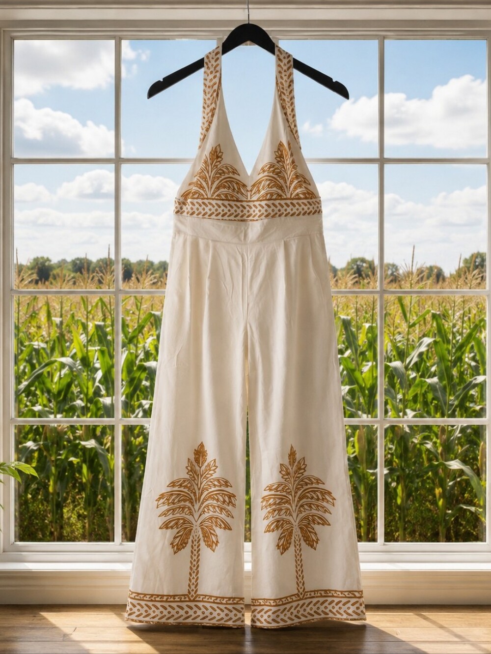Cream Halter Jumpsuit with Gold Embroidery